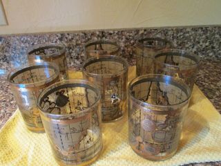 8 Vintage Cera Glass World Map Old Fashioned Whiskey Glasses - Mid Century Barware