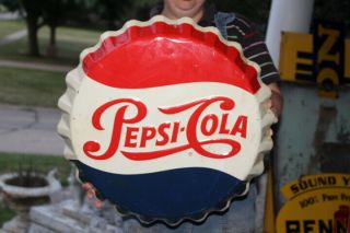 Vintage 1950s Pepsi Cola Soda Pop Bottle Cap Gas Station 19 " Embossed Metal Sign