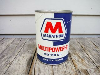Vintage 1 Quart Marathon Multipower - 3 Motor Oil Can Full Nr Man Cave