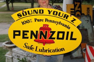 Large Pennzoil Motor Oil Gas Station 2 Sided 31 " Porcelain Metal Sign