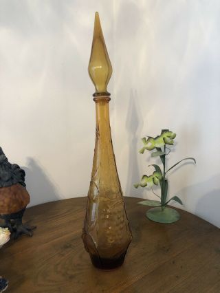 Large Vintage Depression Glass Decanter Amber Brown 22in Tall Genie Bottle