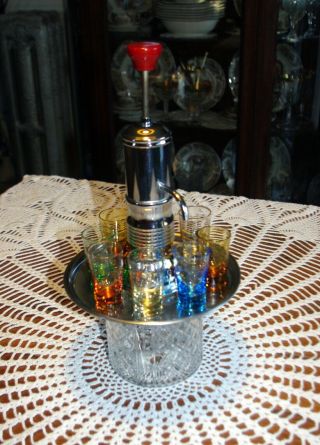 Vintage Park - Sherman Glass / Chrome Liquor Dispenser 8 Colored Shot Glasses