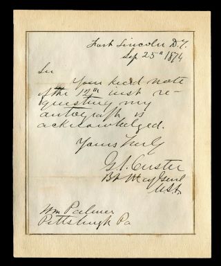 General George A.  Custer (1839 - 1876) Handwritten Signed Autograph Ans Dated 1874