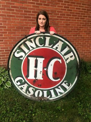 Vintage 1930s Sinclair Gasoline 48” Double Sided Porcelain Sign With Ring