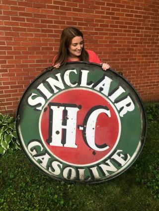 Vintage 1930s Sinclair Gasoline 48” Double Sided Porcelain Sign with Ring 2