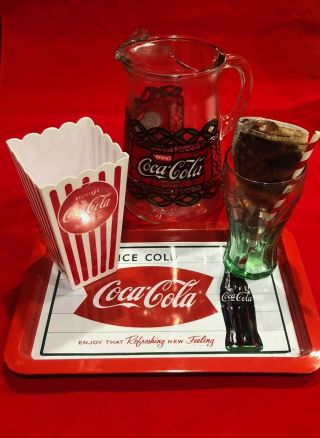 Coca - Cola - Coke - Pitcher,  Glass,  Popcorn Cup And Tray.  Bundle