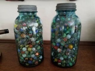 Two Antique Ball Perfect Mason 1/2 Gallon Jar & 500 Vtg Marbles