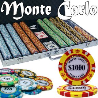 1000 Monte Carlo 14g Clay Poker Chips Set With Aluminum Case - Pick Chips