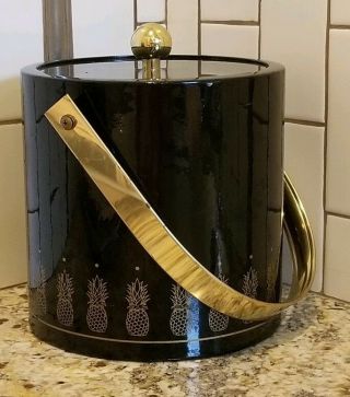 Vintage Black Morgan Bucket Brigade Gold Metal Trim W/ Pineapples Ice Bucket