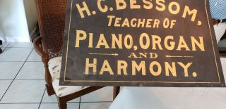 Antique Vintage Metal H.  C.  Bessom Piano Organ Harmony Advertising Sign 14 " X 24 "