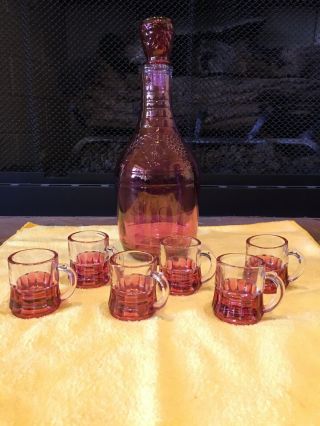 Antique/vintage Shot Glasses With Bottle Set Pink & Clear