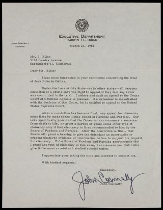 Tx Governor John Connally - Typed Letter Signed - Considers Pardoning Jack Ruby