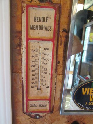 Vintage Metal Wall Thermometer " Bendle Memorials " Cadillac,  Michigan 13 Inches