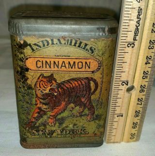 Antique India Mills York Tiger Graphic Spice Tin Early Vintage Grocery Can