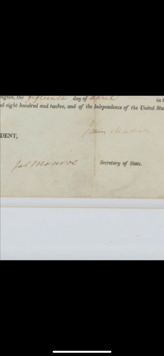 4th President James Madison - James Monroe Signed Land Grant 1812.  JSA 4