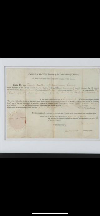 4th President James Madison - James Monroe Signed Land Grant 1812.  JSA 7