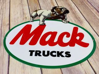 Vintage " Mack Trucks " W/ Die - Cut Bulldog 11 " Baked Metal Gasoline & Oil Sign Gas