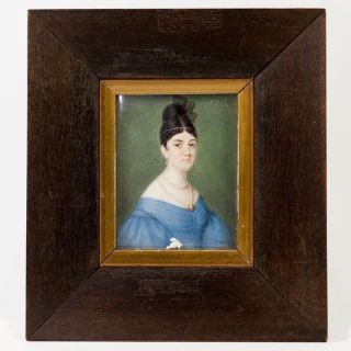 Antique French Empire Portrait Miniature,  Woman In Blue Gown,  Frame