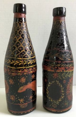 Pair Early Antique Pontiled Black Glass Bottles - Hand Painted