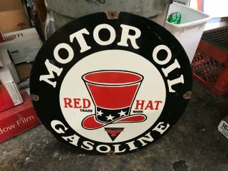 " Red Hat Motor Oil/gasoline " Porcelain Advertising Sign (24 " Inc),