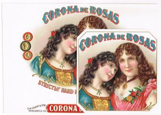 Cigar Box Label Vintage C1910 Corona De Rosas Embossed In & Out Set