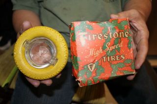 Antique Vintage Firestone Tires Gas Station Rubber & Glass Ashtray Sign W/box