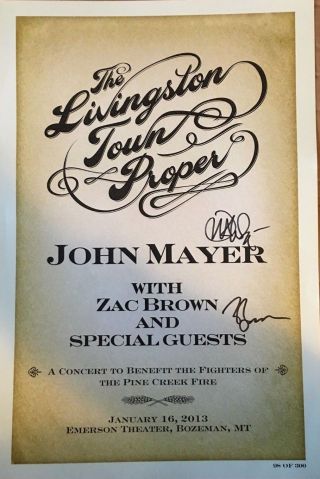 John Mayer Zac Brown Hand Signed Autograph Livingston Town Proper Poster Ed/300