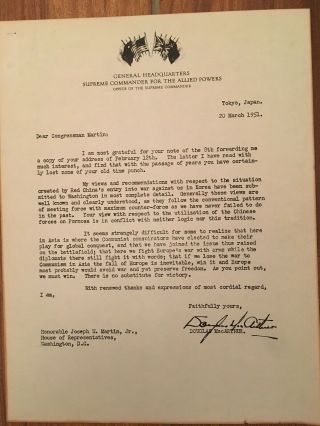 Douglas Macarthur Signed Letter To Speaker Of House Jw Martin (1951)