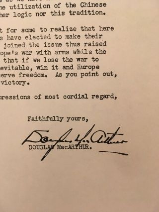 Douglas MacArthur signed letter to Speaker of House JW Martin (1951) 2