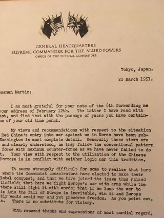 Douglas MacArthur signed letter to Speaker of House JW Martin (1951) 3