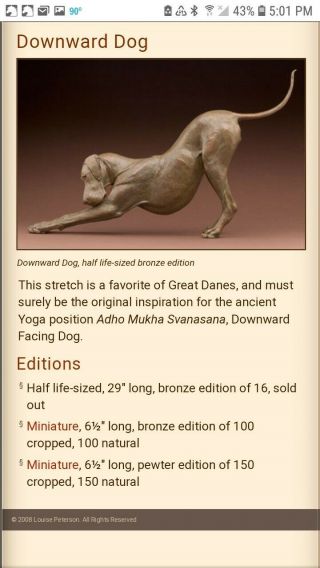 Louise Peterson Bronze Great Dane " Downward Dog " Cropped Miniature