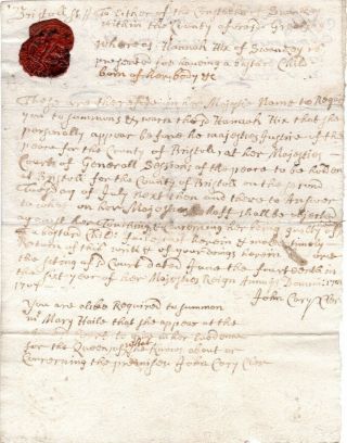 1707,  Swanzey,  Mass. ,  Hannah Hix,  Having A Bastard Child,  John Cary Signed