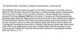 1707,  Swanzey,  Mass. ,  Hannah Hix,  having a bastard child,  John Cary signed 3