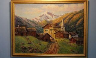 1950 Alpine Swiss Landscape Oil On Masonite By Amanda Williams (20th C. )