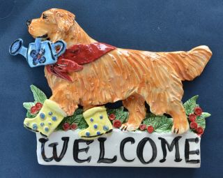 Golden Retriever.  Handsculpted Whimsical Ceramic Welcome Sign.  Ooak.  Look