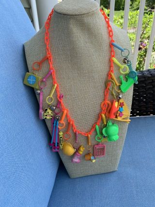 Vintage 80’s Plastic Bell Charm Necklace Retro Party Skis Bear Boot 1980