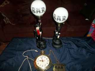 Rare Vintage 2 - Chalk Ware Drunk Hobo Lamp Post Bar Lamps & Clock