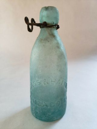 Aqua Blue Sass & Hafner Chicago Wire Bail Blob Top Soda Bottle Circa 1865 - 1875