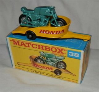 1960s.  Matchbox.  Lesney.  38 Honda Motorcycle And Trailer.  Bpw In C Type Box