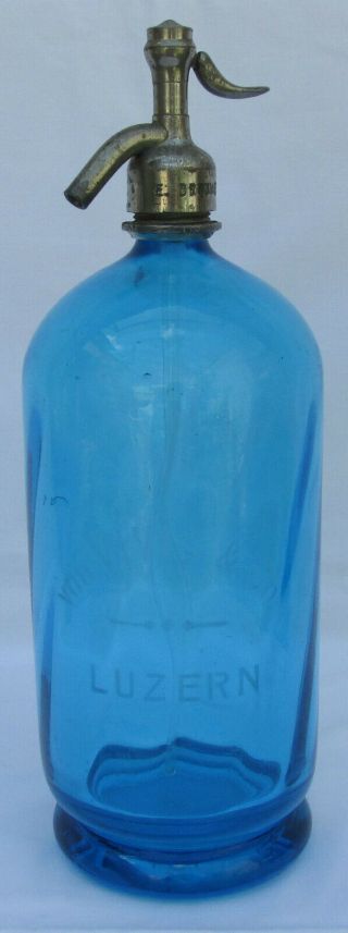 Vintage Old Soda Siphon Bottle Bouteille Blue Glass Luzern Swiss 2l