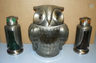 Vintage Owl Ice Bucket Matching Liquor Dispensers Amber Emerald Glass