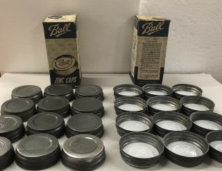 Nos 24 Vintage Zinc Porcelain Lined Jar Lids Ball Mason Caps In Boxes