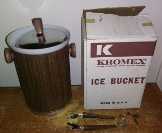 Old Stock Vintage Kromex Ice Bucket Faux Wood Grain Mid Century Modern Bar