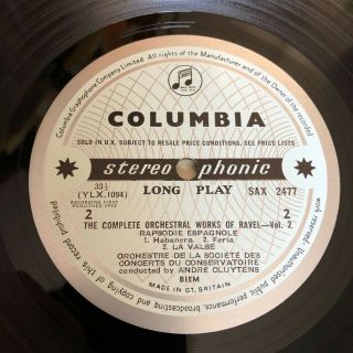 Ravel,  Bolero,  Cluytens,  Stereo Columbia SAX 2477 vinyl LP 4