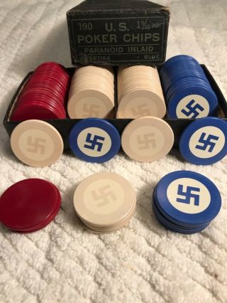 100 Antique Poker Chips 75 " Good Luck Swastika " Symbol Poker Chips