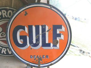 Vintage Porcelain Gulf Dealer Double Sided 65 " Sign With Orig.  Mount Ring