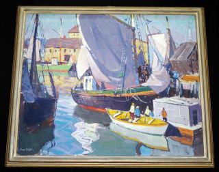1950s American Oil On Canvas Painting " Harbor Scene " By Carl William Peters (jos