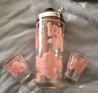 Vintage Pink Elephant Cocktail Shaker And Glasses