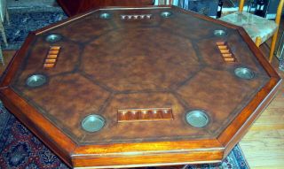 Poker Table For 8 Wood,  Leather & Metal 3 Tops,  Chips & Cup Holders H=30.  5 "