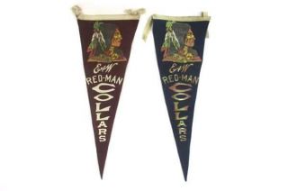 Set Of 2 Vintage E&w Red Man Collars Advertisement Pennants Blue & Red